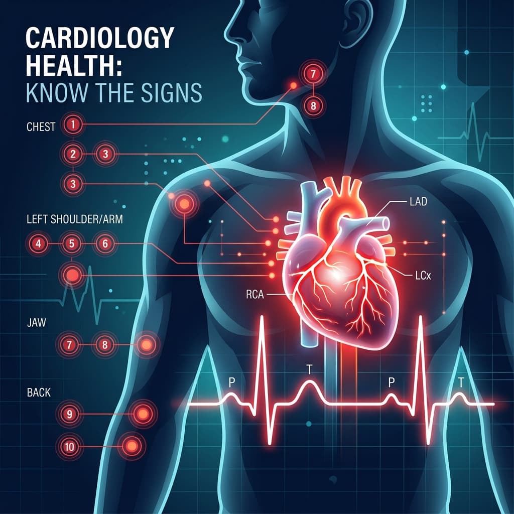 10 Warning signs of a heart attack cardiology medical diagram showing human body heart, ECG pulse, and warning nodes