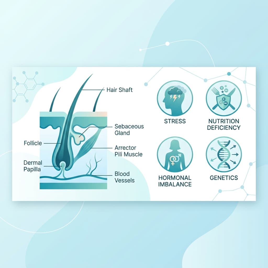 Hair fall causes medical infographic showing hair follicle cross-section anatomy with icons for stress, nutrition deficiency, hormonal imbalance, and genetics