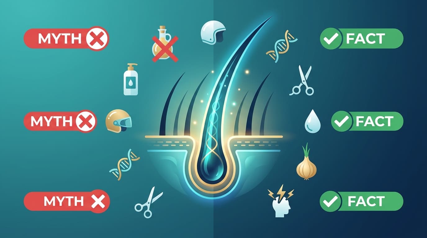Infographic showing common hair fall myths versus dermatologist-verified facts with icons for oil, shampoo, genetics, helmet, stress, and diet