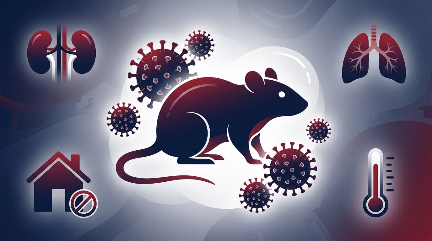 Hantavirus medical infographic showing rodent transmission pathway with virus particles, lungs, kidneys, and home rodent-proofing prevention icons