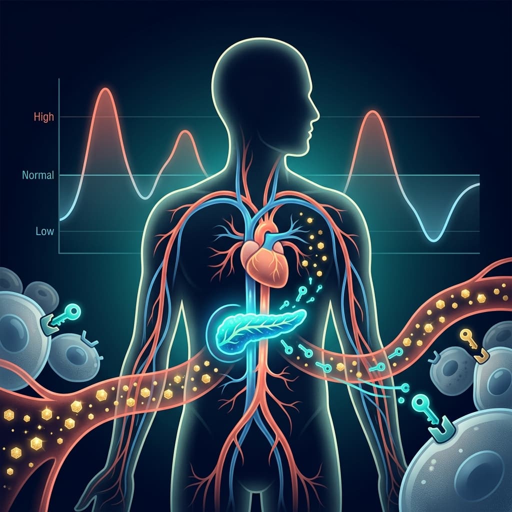 Medical illustration showing the pancreas producing insulin, glucose molecules entering cells through insulin receptors, and a blood sugar curve graph