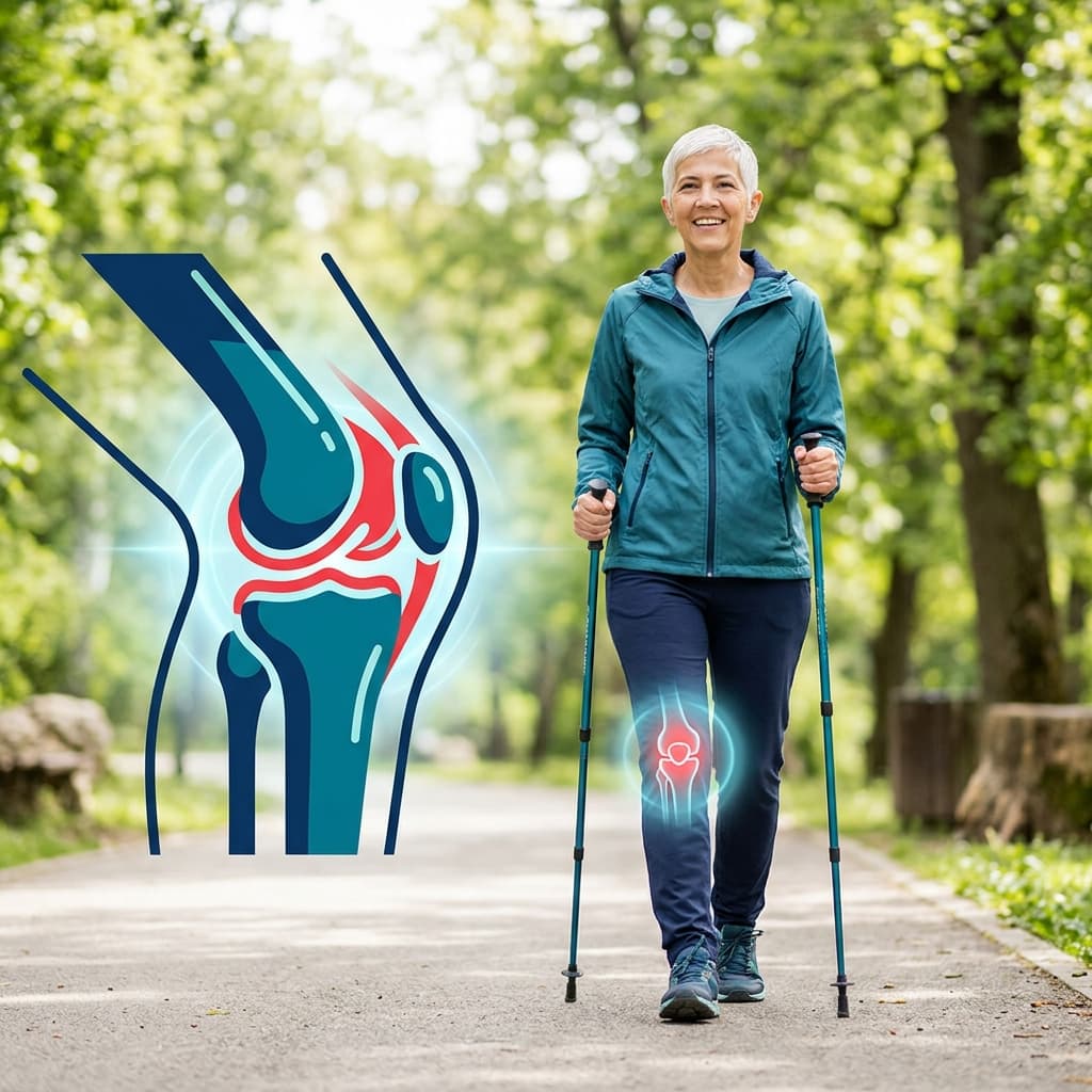 Active senior walking in a park showing a healthy knee joint structure