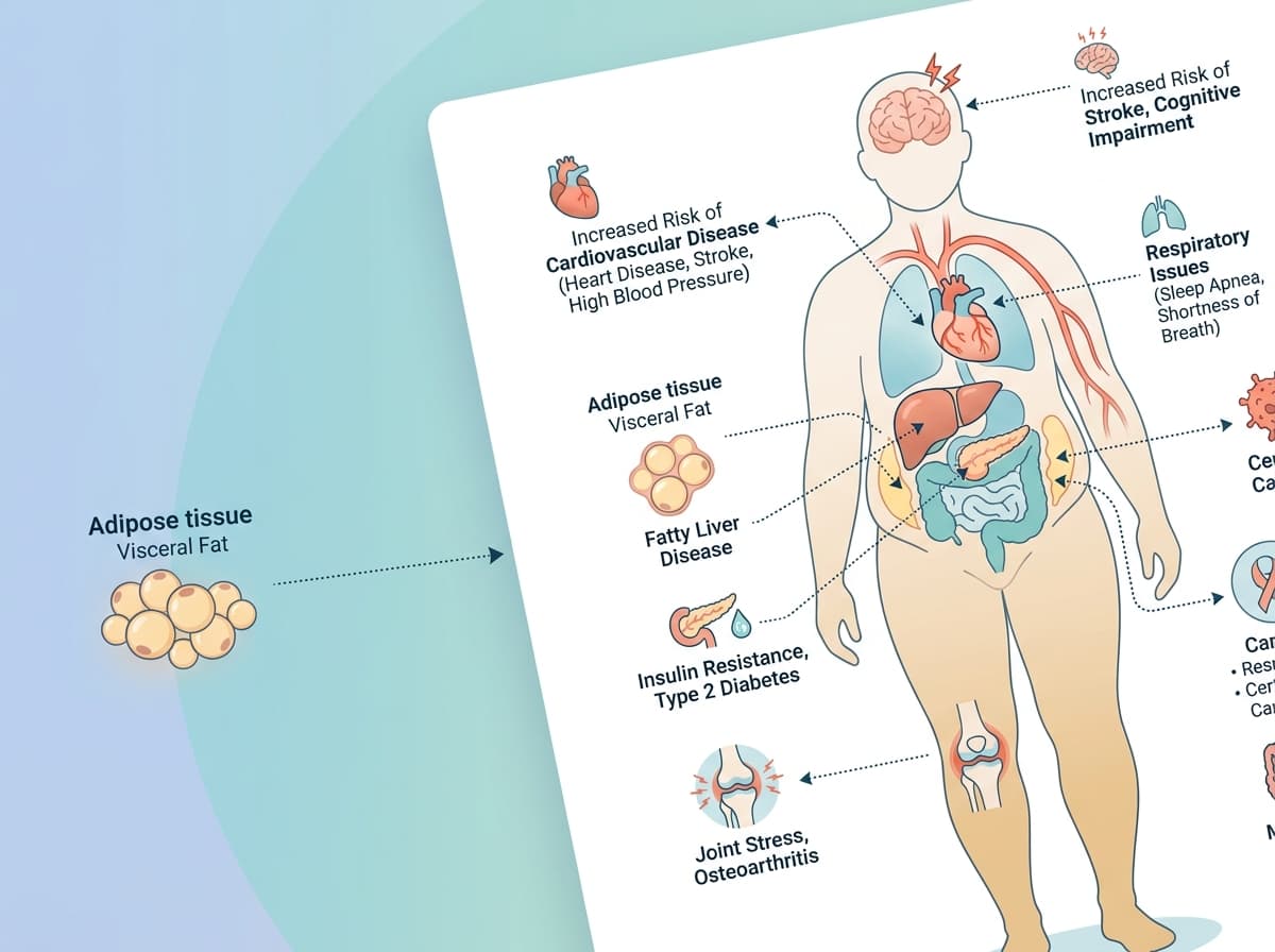 Medical infographic showing how obesity affects multiple organ systems including heart, liver, pancreas, and joints