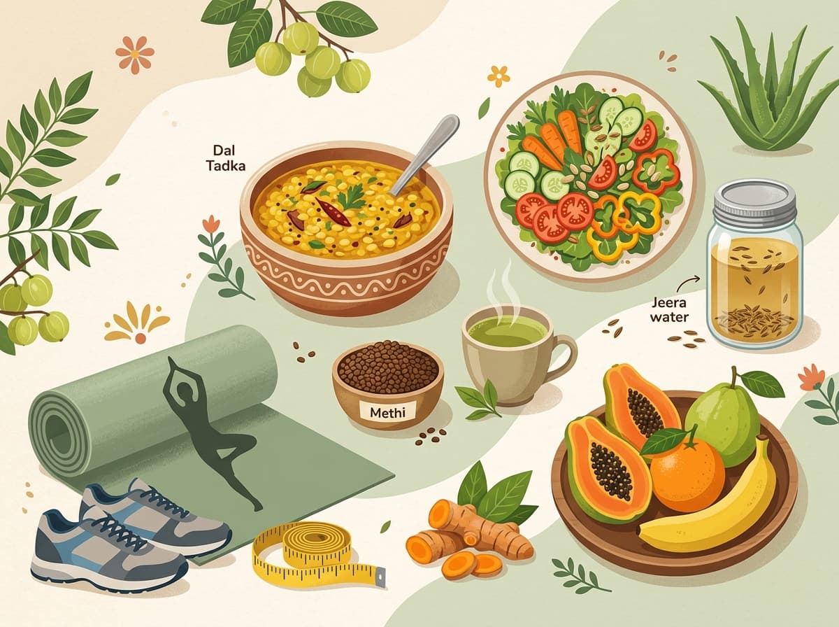 Indian home remedies for weight management including dal, jeera water, methi seeds, yoga, and fresh fruits