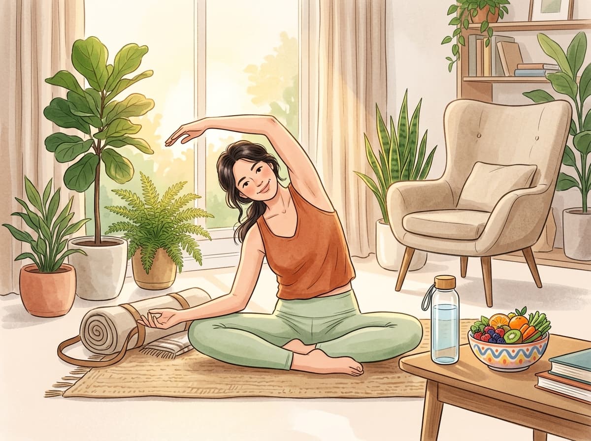Healthy lifestyle for hemorrhoid prevention — woman doing yoga with fruits, water bottle, and plants in a serene setting