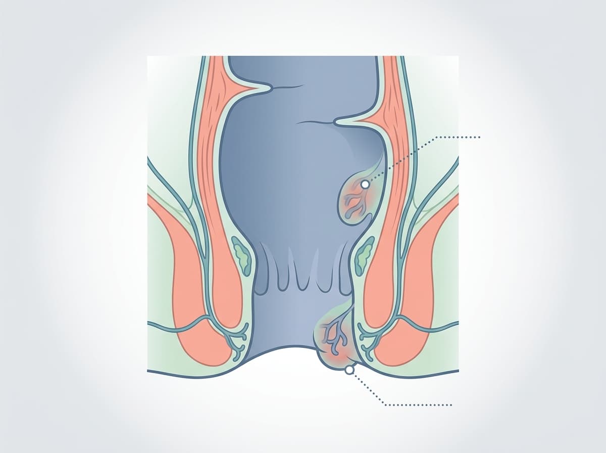 Medical diagram showing internal and external hemorrhoid locations in a simplified cross-section of the lower rectum and anal canal